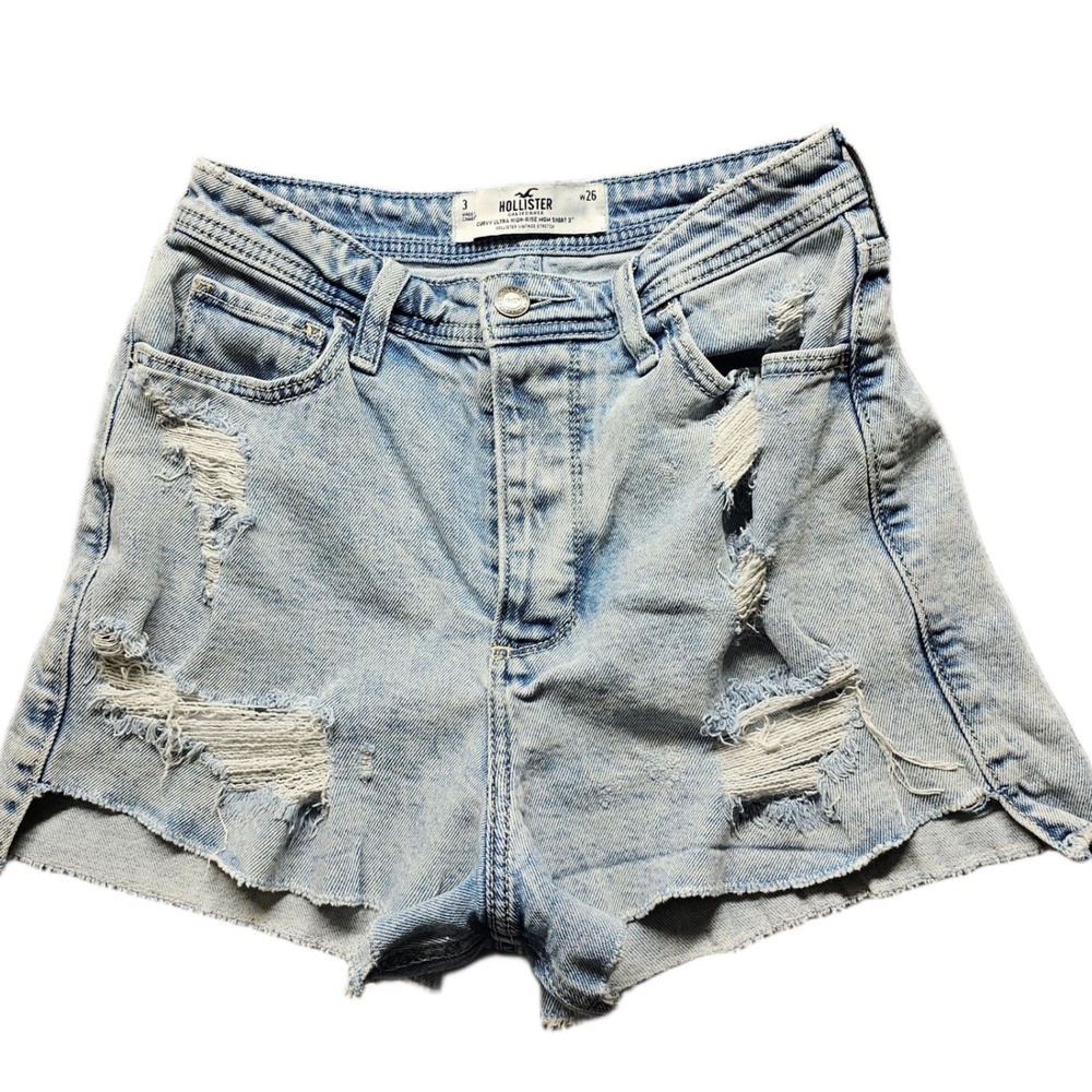 Hollister Curvy Mom Shorts Womens 3 Blue Denim Distressed High-Rise Button Fly‎